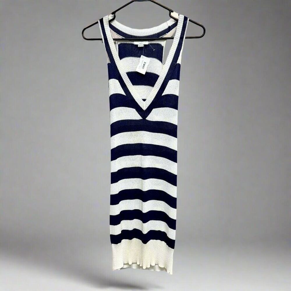 Adam Lippes White Navy Striped V Neck Sleeveless Knit Maxi Dress Size XS